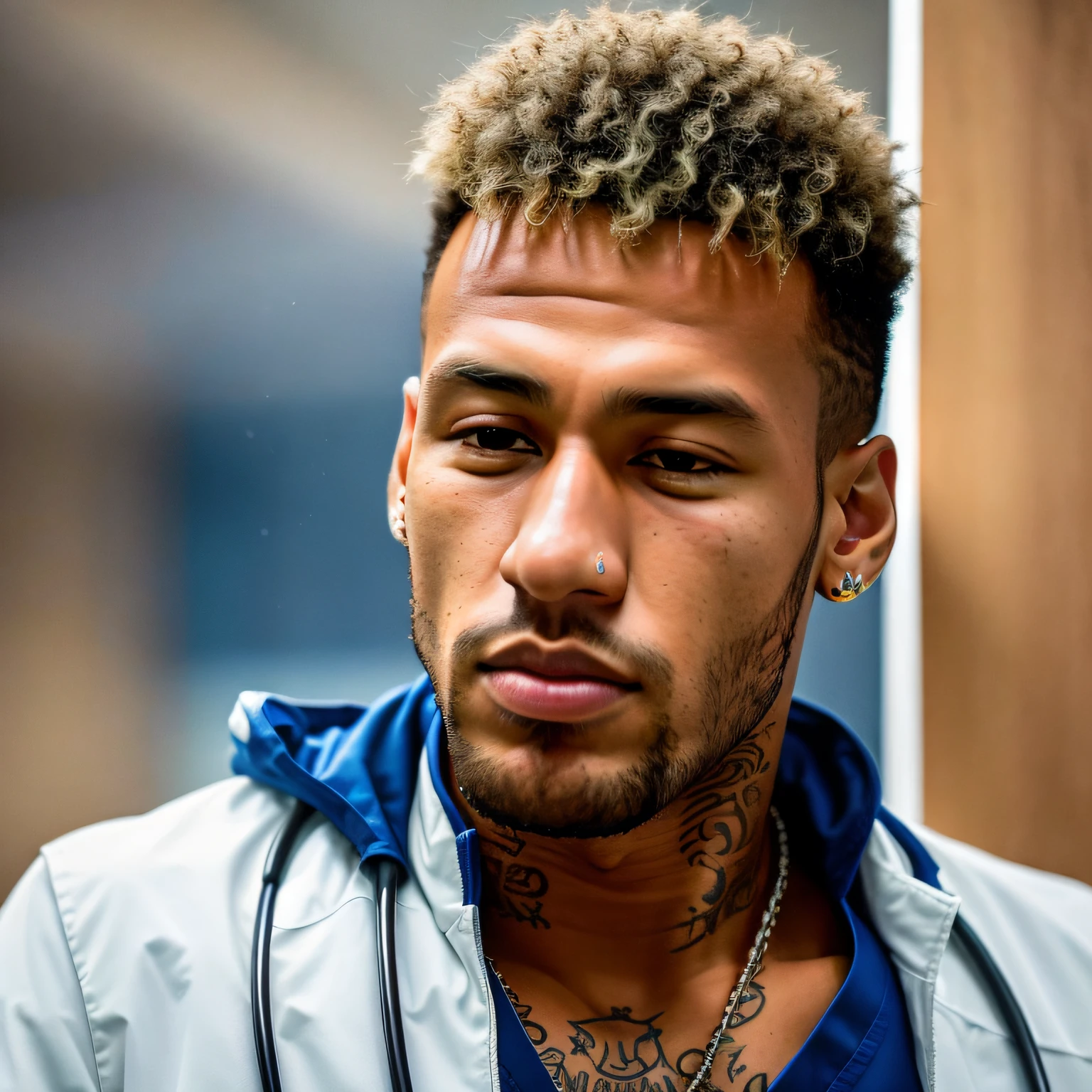 natural light, RAW photo, high quality photographic portrait of Neymar with a high definition medical outfit, high resolution, (highly detailed face:1.2), (detailed skin texture), detailed mouth, detailed chin, detailed nose, dramatic lighting, cinematic lighting, high definition, high quality, Fujifilm XT3