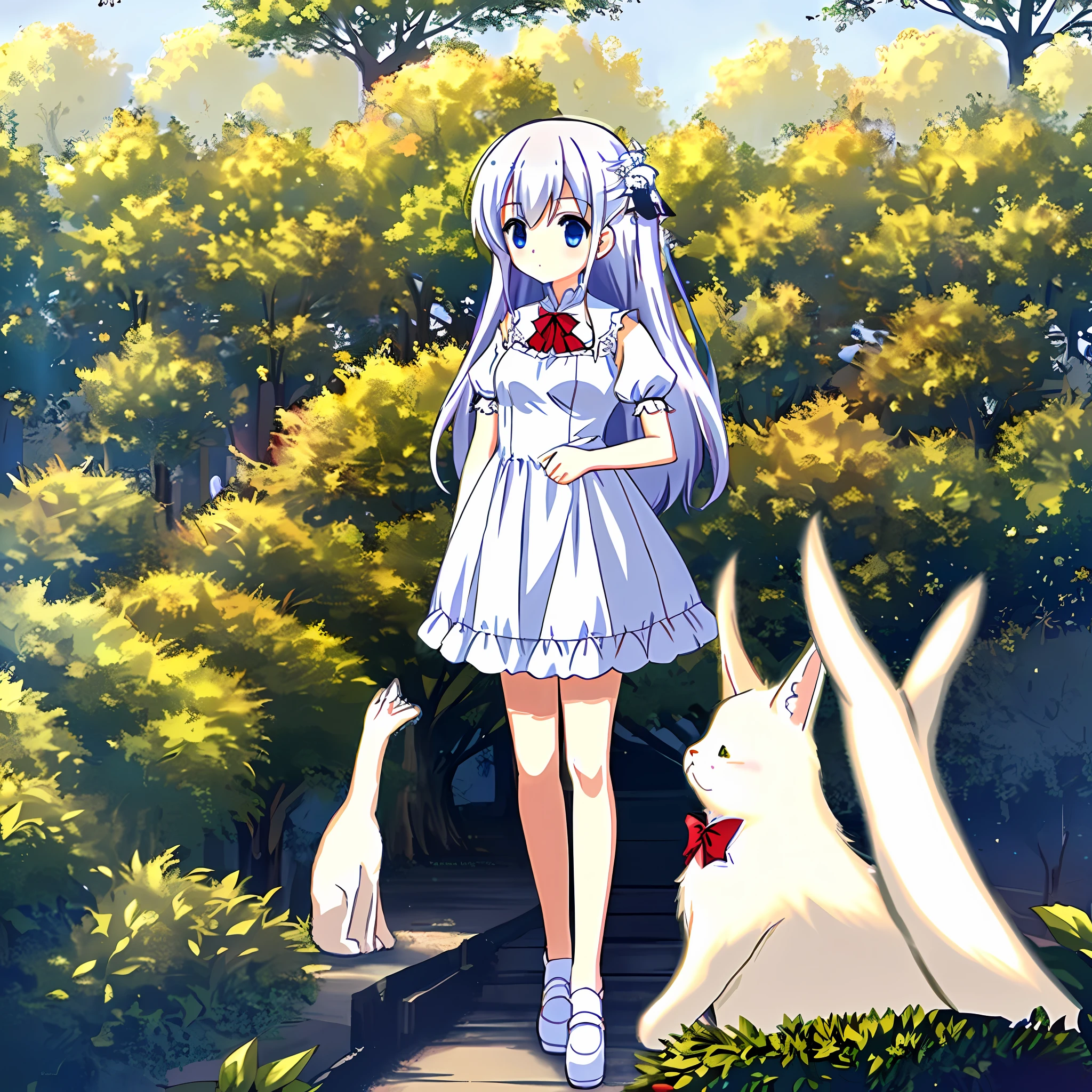 Anime girl with long hair and white dress holding a cat little fluffy loli anime loli art splash  in a dress cute anime waifu in a beautiful dress Azur Lane style coushart adopt design, design character, concept design