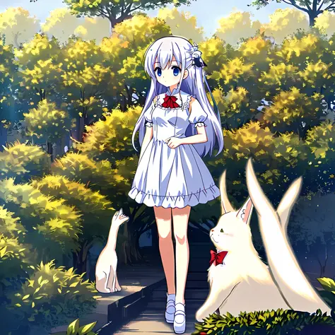 Anime girl with long hair and white dress holding a cat little fluffy loli anime loli art splash loli in a dress cute anime waif...