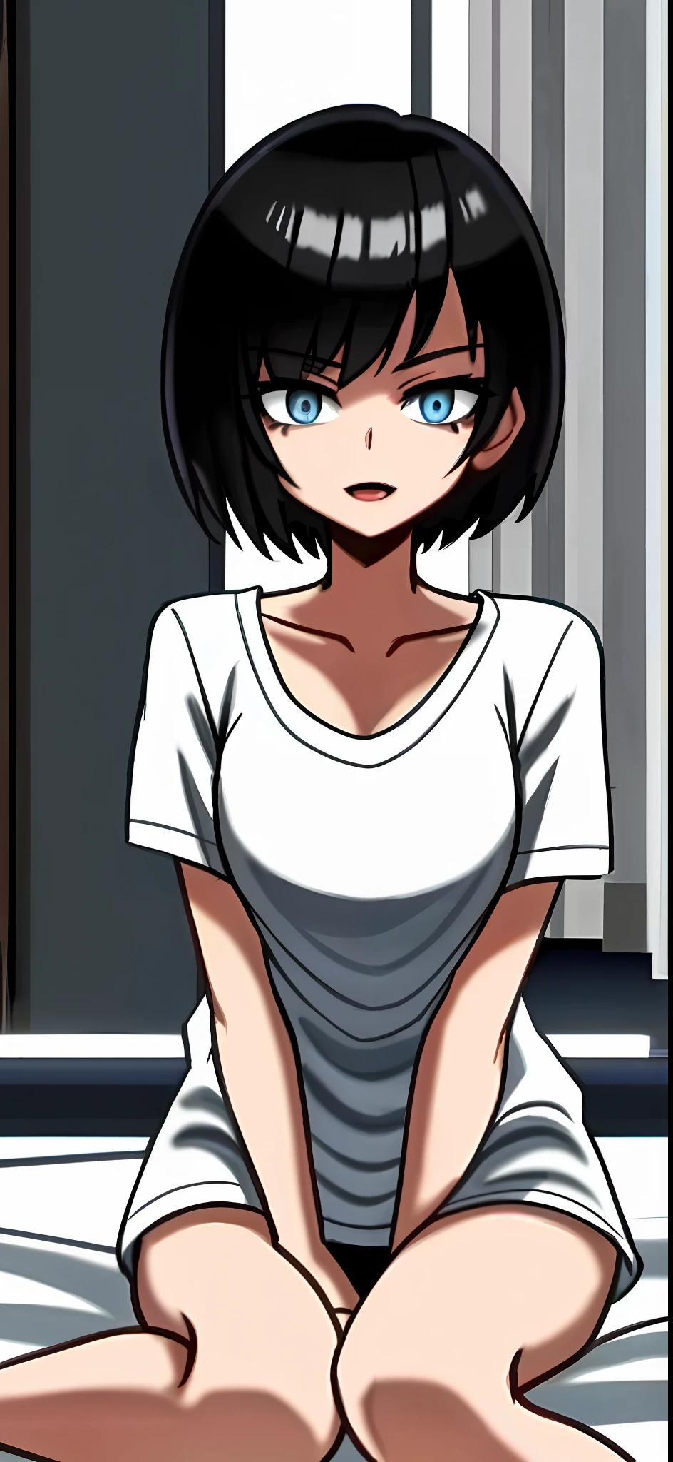 Schwarzhaariges Mädchen mit Kurzhaarschnitt und blauen Augen, halbnackt auf einem weißen Bett sitzend, glättet ihr Haar mit der Hand, bent her legs under her, schwarzes T-Shirt, halboffener Mund, sexy, alter Anime-Stil, abgedunkelte Beleuchtung