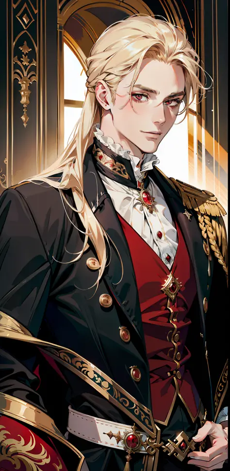 (absurdres, highres, ultra detailed),(absurdres, highres, ultra detailed), 1 male, adult, handsome, tall muscular guy, broad shoulders, finely detailed eyes and detailed face, long blond hair, large 18th-century baroque mansion, garden, nobleman, aristocra...