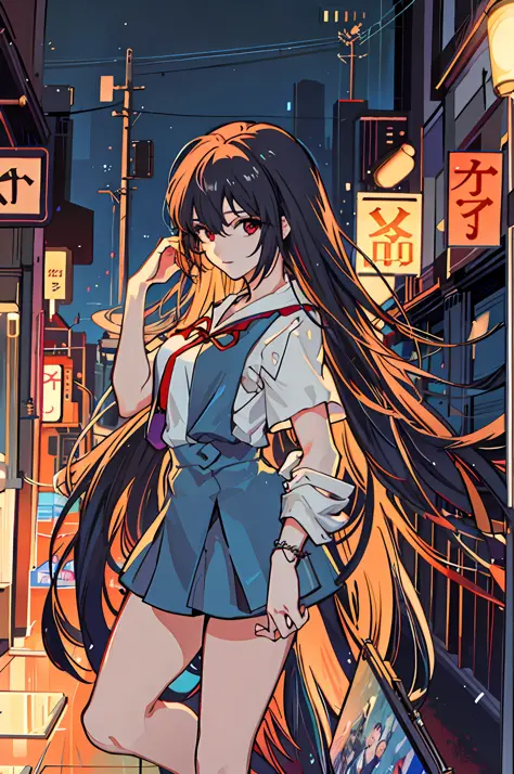 raining night,city,A beautiful woman in wearing school uniform on the bustling streets of Gintama, surrounded by vendors, beauti...