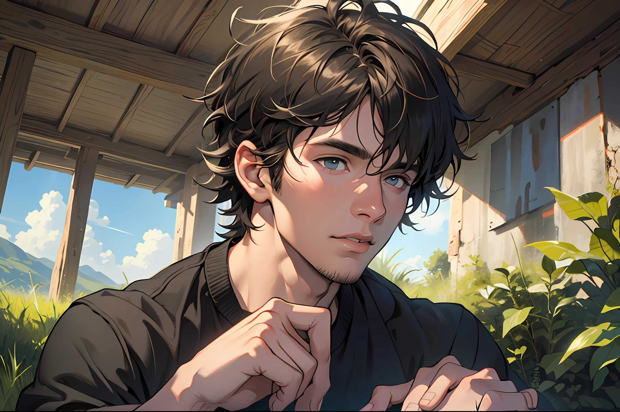 Anime guy with black hair and blue eyes sitting in front of a house -  SeaArt AI