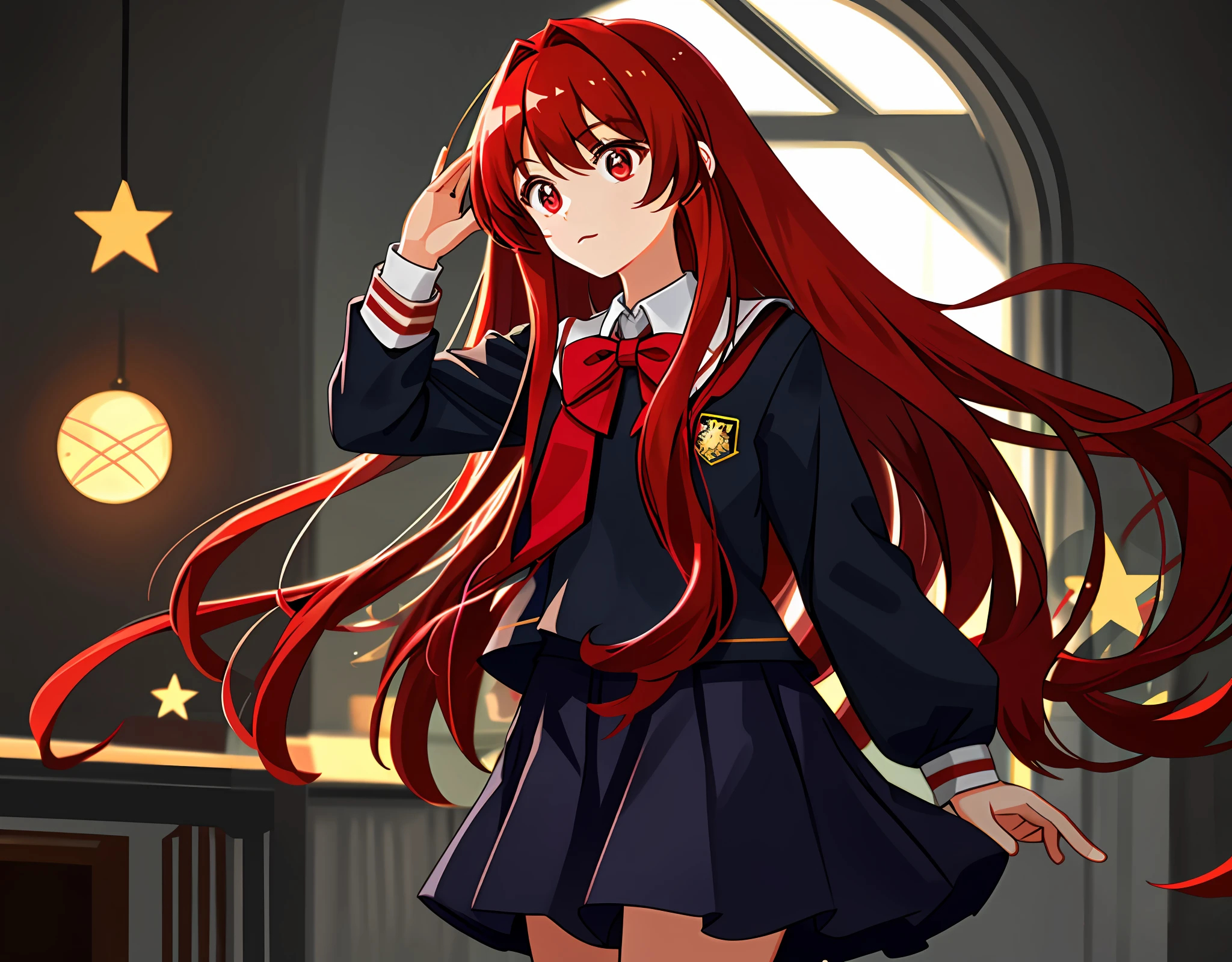 Two-dimensional, red long-haired star-eyed girl, wearing a school uniform