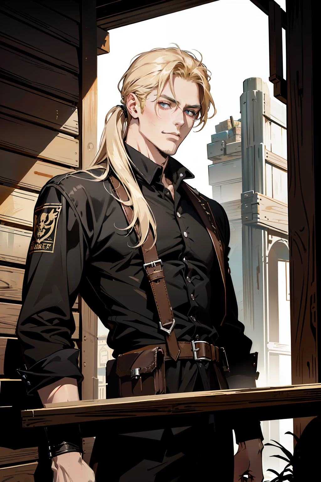 (absurd res, high res, ultra detailed), 1 male, adult, handsome, tall muscular guy, broad shoulders, blonde hair, very long hair, vampire, finely detailed eyes, portrait, looking at viewer, solo, half shot, detailed background, detailed face, (gorhic), smirk, renegade, rugged dark leather clothes, small leather pouch, high fantasy medieval setting, smuggler hideout background, stealth, undercover, (crates in background), shadows, fog, (dutch angle), closed mouth