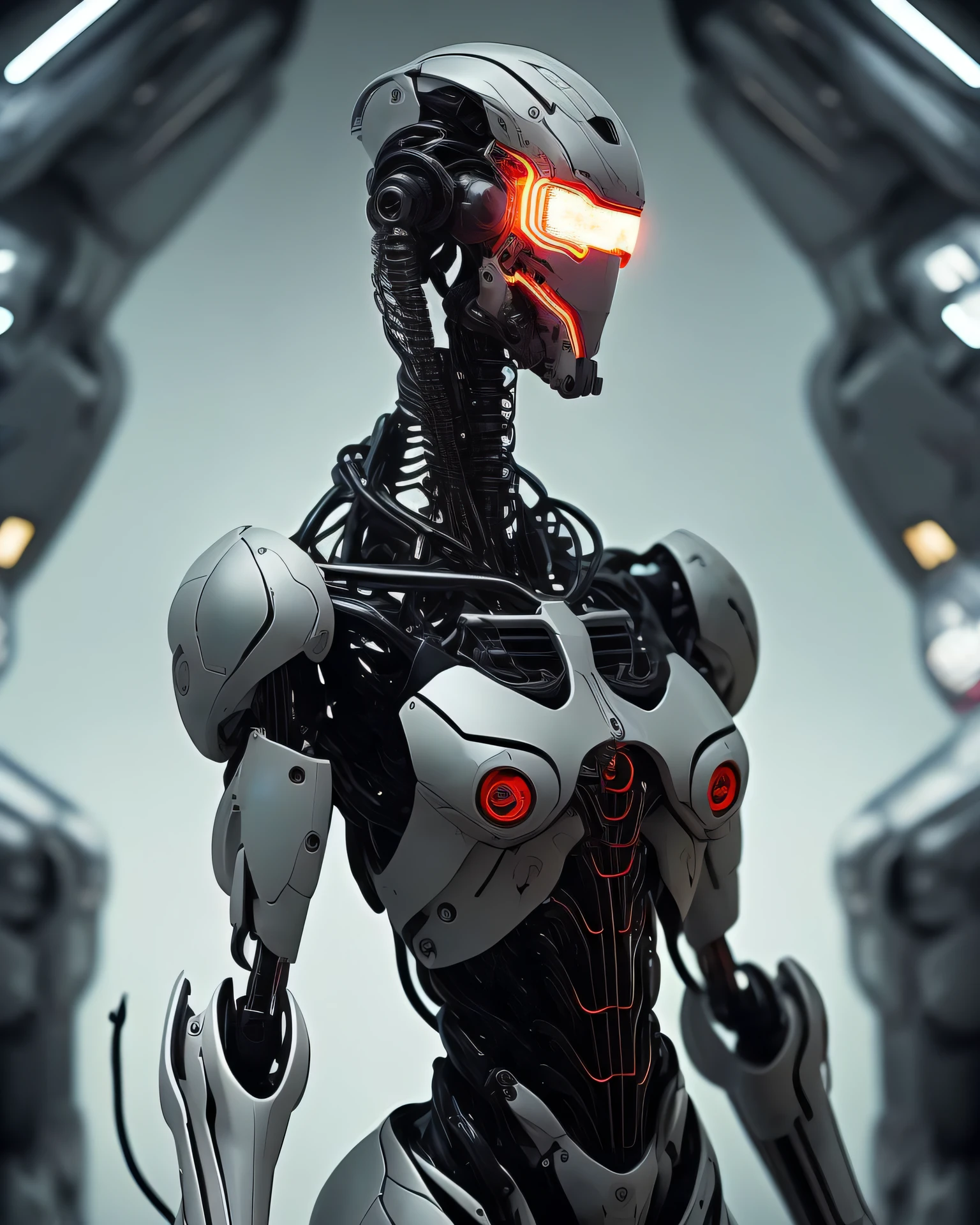 +dvMech, cyborg, en partie robot en partie humain, Expérimentation scientifique, portrait, 85mm, F1.8, fond de laboratoire