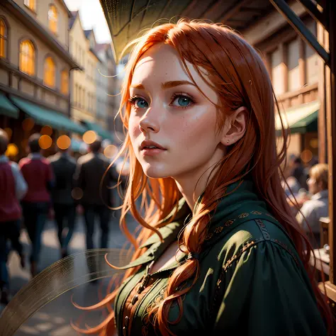 Photorealistic photo of young ginger woman wondering in old market i Tailand, soft smile, art by midjorney, luminism, ultimate intricate shadow - light contrast, IPA award wining masterpiece, artistic lens, warm colors, art by Tim Burton