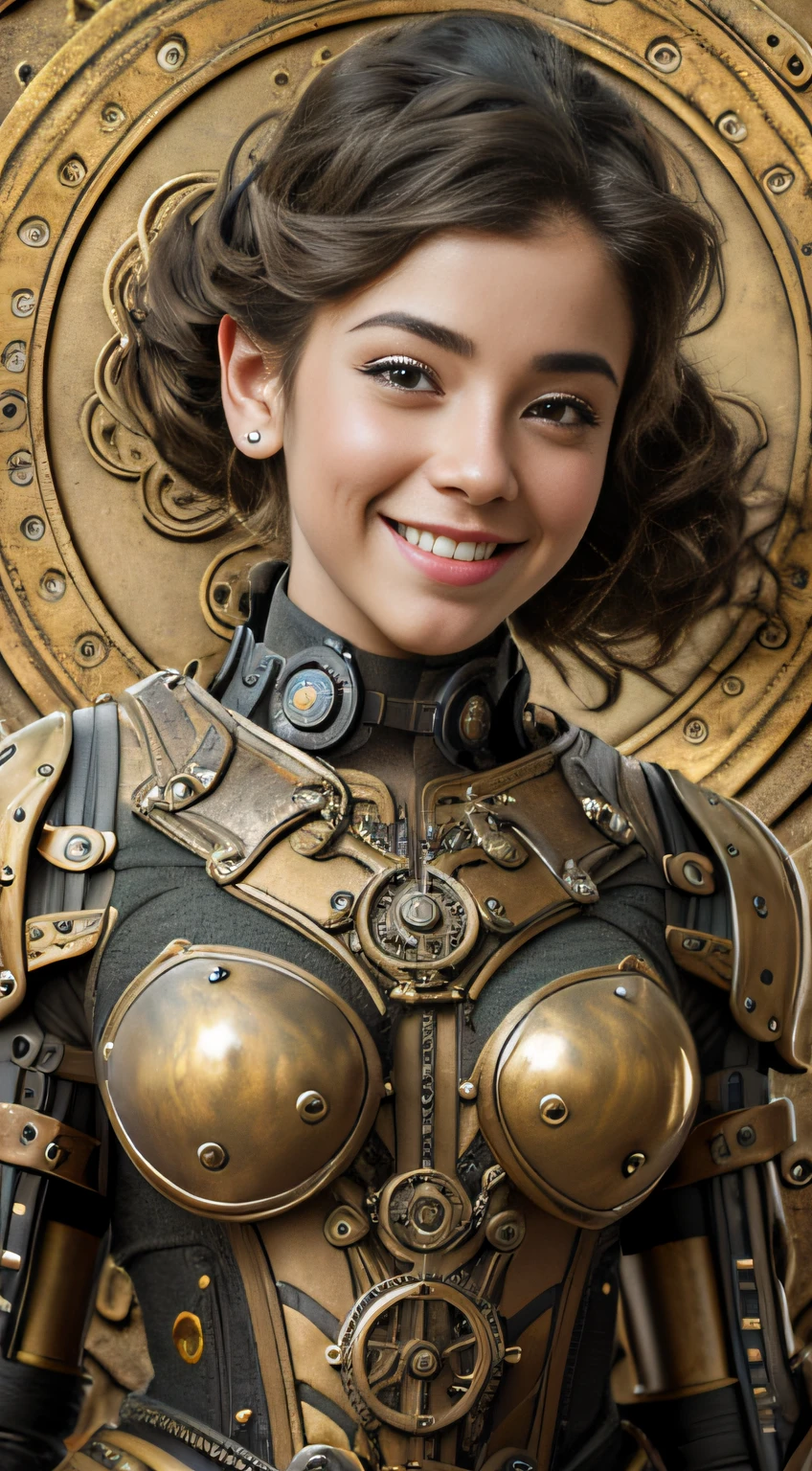 "Smiling 1girl with bionic arms in steampunk fashion, captured in ultra high resolution with photorealistic and beautiful lighting. This masterpiece is of the best quality and is set against a zentangle abstract background (weighted at 1.4)."