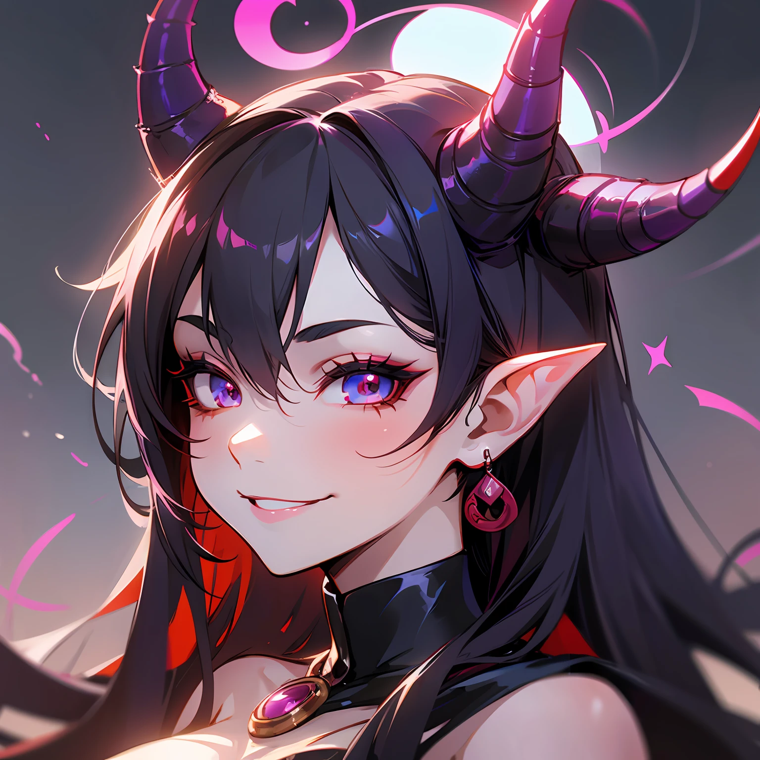 A closeup of a cartoon of a woman with horns on her head, tiefling, with horns, design of girl lush horns, tiefling of d d, demon mara, dnd portrait of a tiefling, cute horns, demon girl, female tiefling sorceress, demon giesha, anime image, demonic horns, oni horns, long hair, black hair, sadistic, smiling, eyes smiling --auto --s2