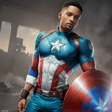 In the image, we see Will Smith as Captain America in an alternate version of the character. He's in the traditional Captain America uniform, but with some modifications to suit Will Smith's unique style. Instead of a mask, he wears a helmet that covers th...