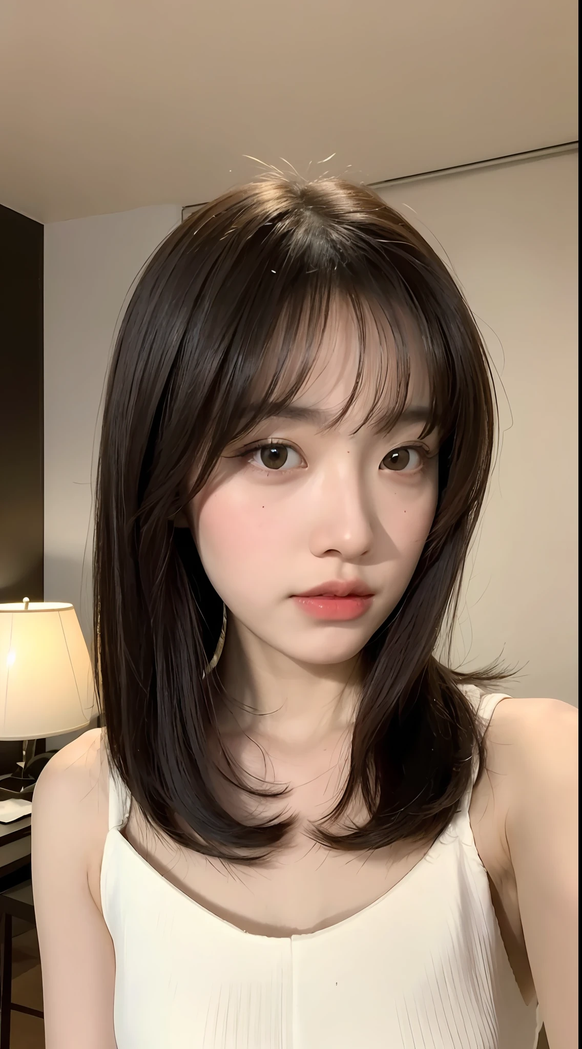 ((Top Quality, 8K, Masterpiece: 1.3)), Selfie, Focus: 1.2, Perfect Body Beauty: 1.4, Butt: 1.2, (Layered Haircut: 1.2)), (Room: 1.3), Bando Dress: 1.1, Highly Detailed Face and Skin Texture, Delicate Eyes, Double Eyelids, Whitened Skin, Medium Hair, Bangs, (Round Face: 1.5)