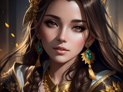 arafed woman with long hair and a gold dress with a crown, detailed matte fantasy portrait, fantasy concept art portrait, stunning digital illustration, rossdraws portrait, cgsociety portrait, alexandra fomina artstation, fantasy art portrait, fantasy art ...