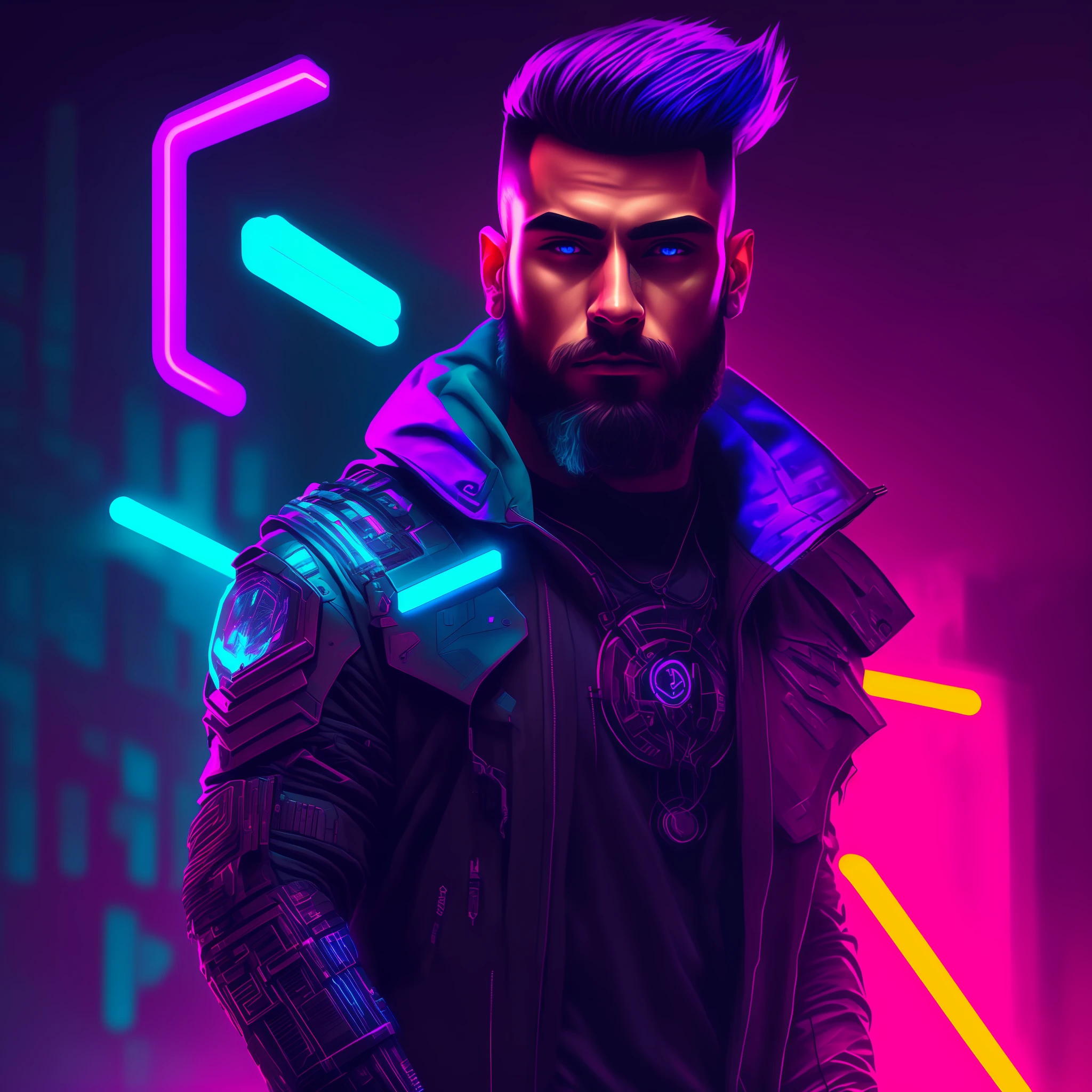 character, 24 years old, man, small beard, muscular, cyberpunk style portrait, futuristic (neon: 1.1) reflective wear, science fiction. artgern, art, illustration, ((dark environment)), ((vegnette)), ((HDR)) ((minimal palette colors)), soft tones, soft colors, faint colors, calm, highly detailed pastel colors, intricate details