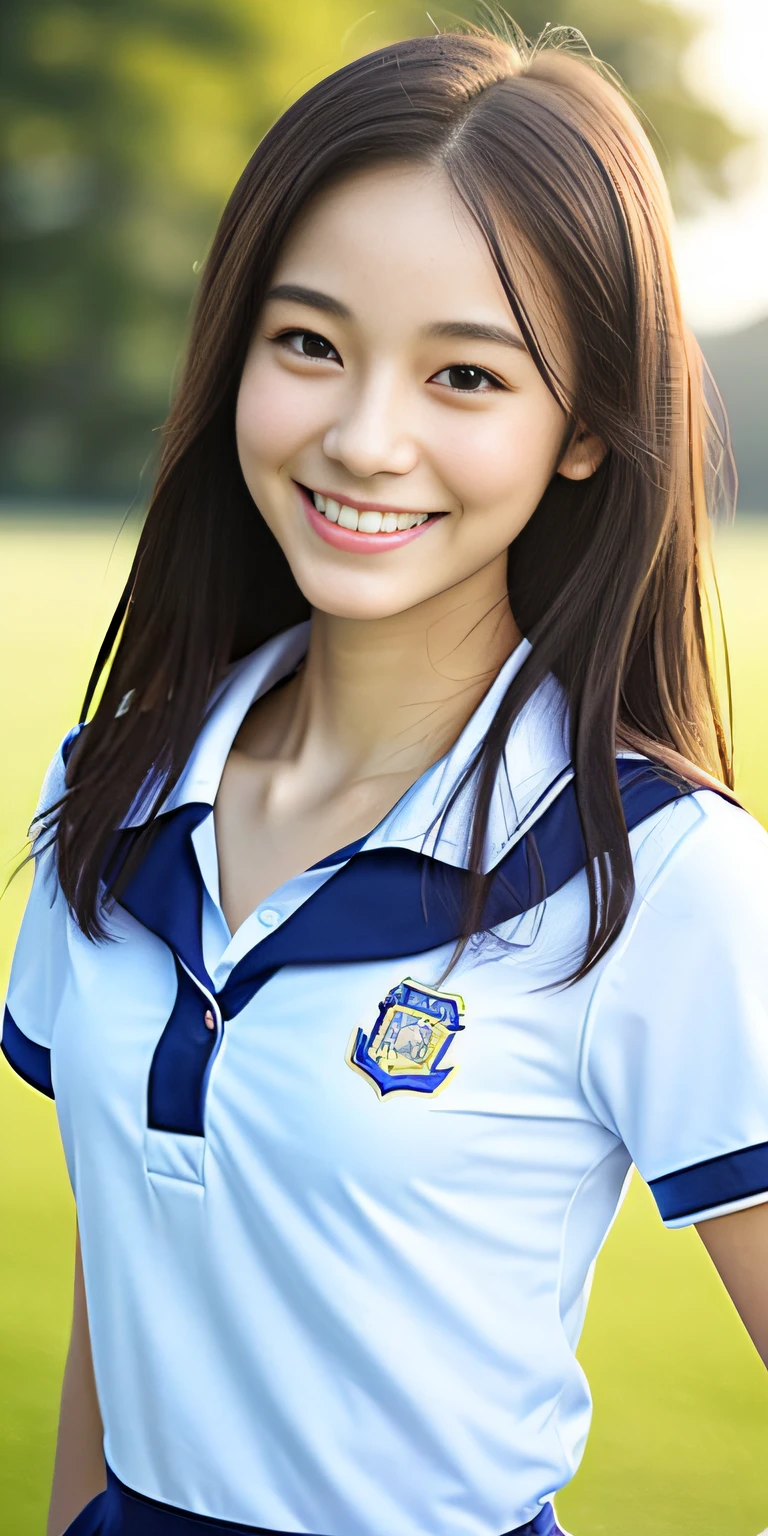 neat college girl, petite person, (school uniform, summer clothes, short sleeves), outside the athletic field, (slim, small, flat, small), photorealistic, detail, skin texture, ultra detail, delicate and sexy collarbone, smile, super detailed face, detailed lips, detailed eyes, double eyelids