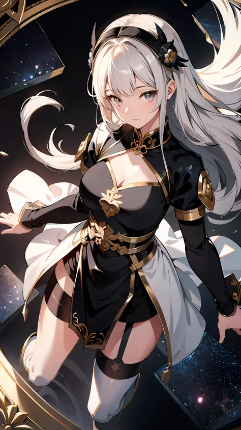 absurd res, high res, (masterpiece:1.4), ultra-detailed, 1girl, from above, space, floating, black Chinese dress, black dress, white stockings, light brown hair, gold eyes, hands out of frame