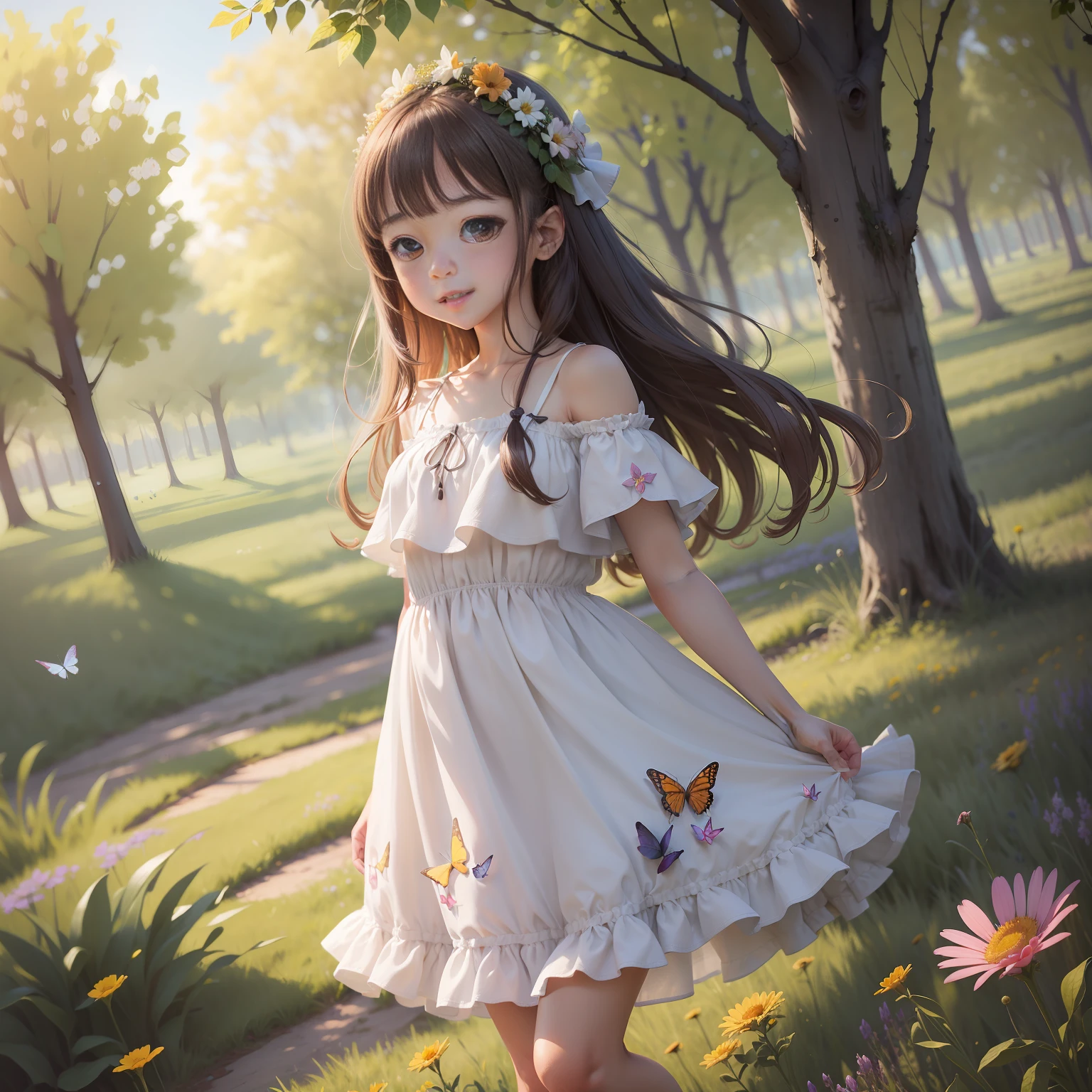 Anime girl in a white dress with a butterfly in her hair - SeaArt AI