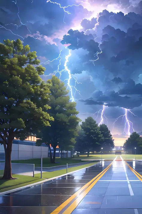 campus playground, sky thunder and lightning in the background (masterpiece, best illustration), (some crowds running in the dis...