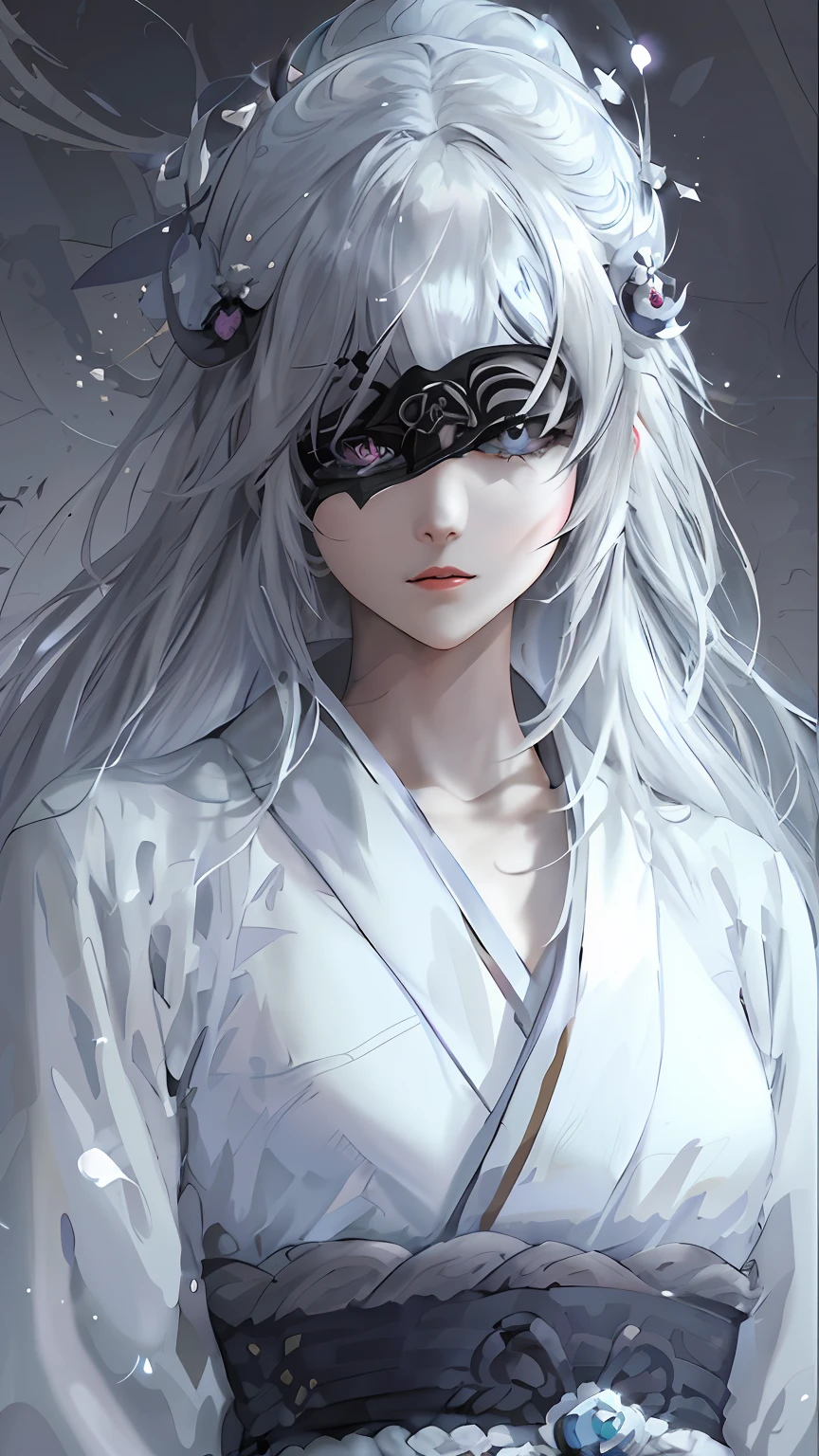 anime girl with white hair and black mask in white dress, white haired deity, beautiful character painting, stunning anime face portrait, beautiful anime portrait, zerochan art, onmyoji portrait, anime style 4 k, guweiz on pixiv artstation, anime art wallpaper 4 k, anime art wallpaper 4k, beautiful anime artwork, anime art wallpaper 8 k