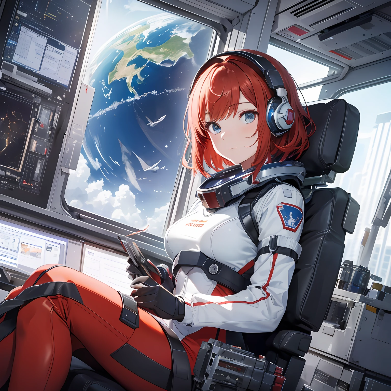 Anime girl in space suit sitting in a space station with a view of earth -  SeaArt AI