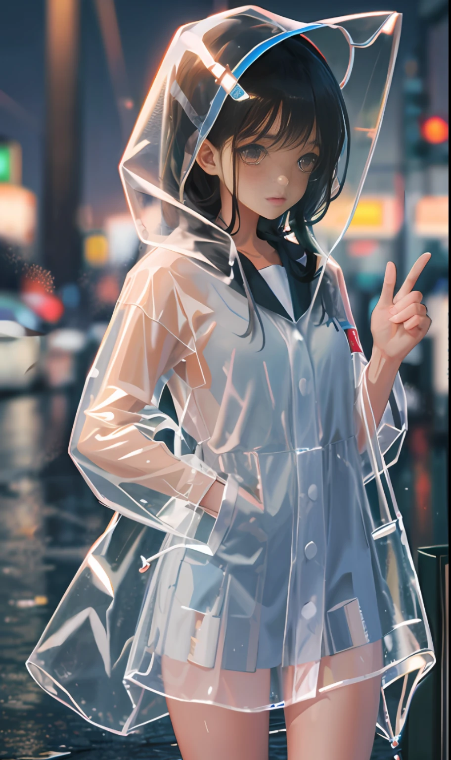 transparent raincoat,cowboy shot,hood up,school uniform,, masterpiece,1girl,cute,rain,sexy,