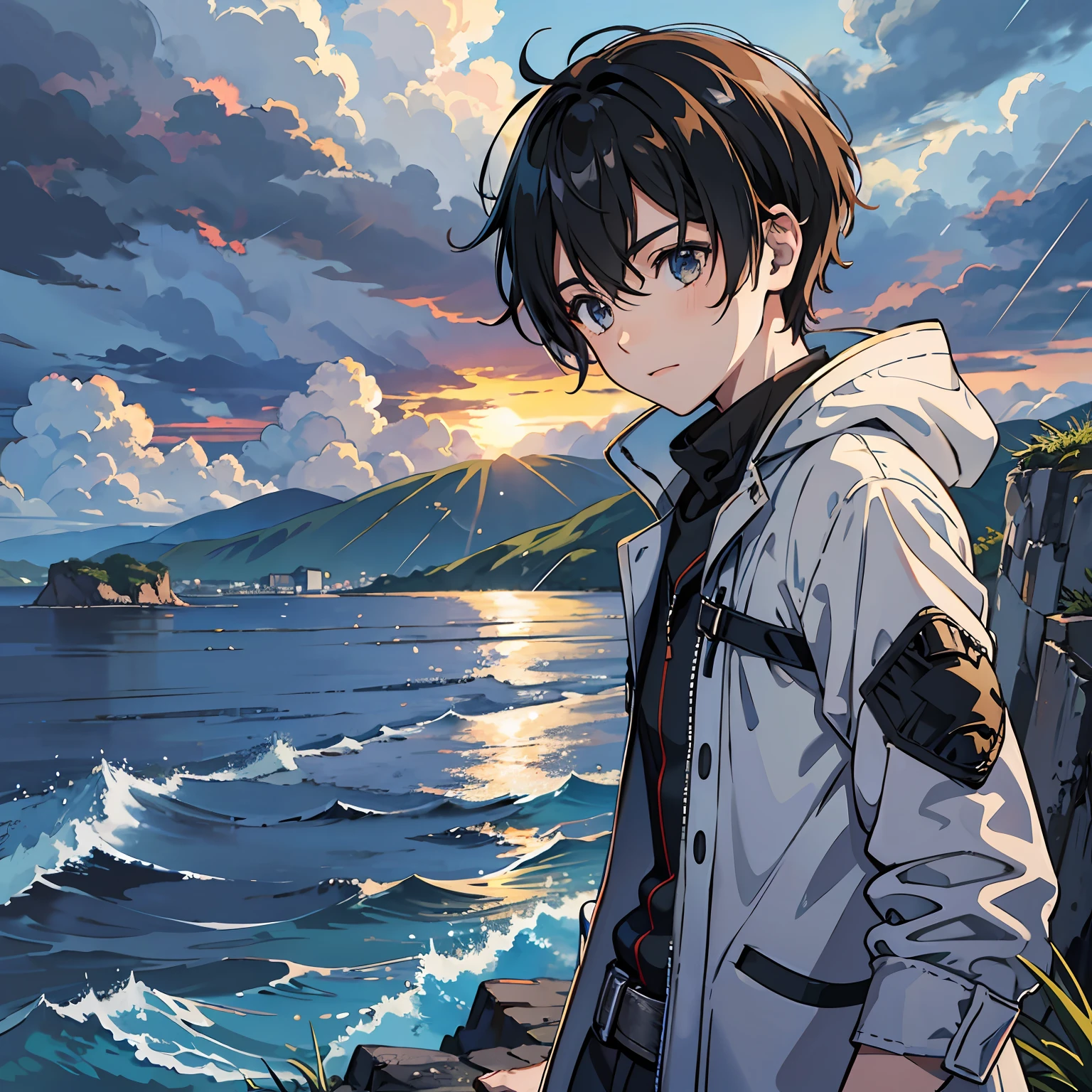 Anime anime boy standing on a cliff overlooking the ocean - SeaArt AI