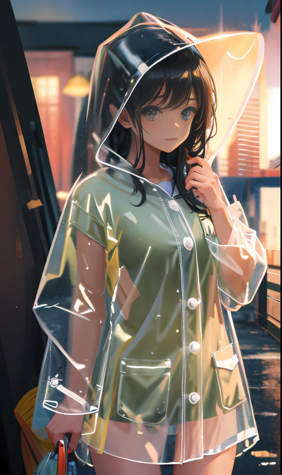 transparent raincoat,cowboy shot,hood up,school uniform,, masterpiece,1girl,cute,rain,sexy,