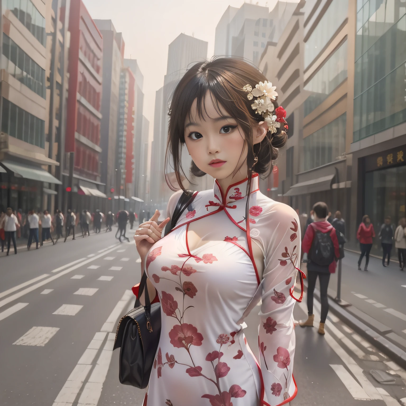 Shanghai streets, Republic of China style, translucent cheongsam, girl, full breasts, real portrait