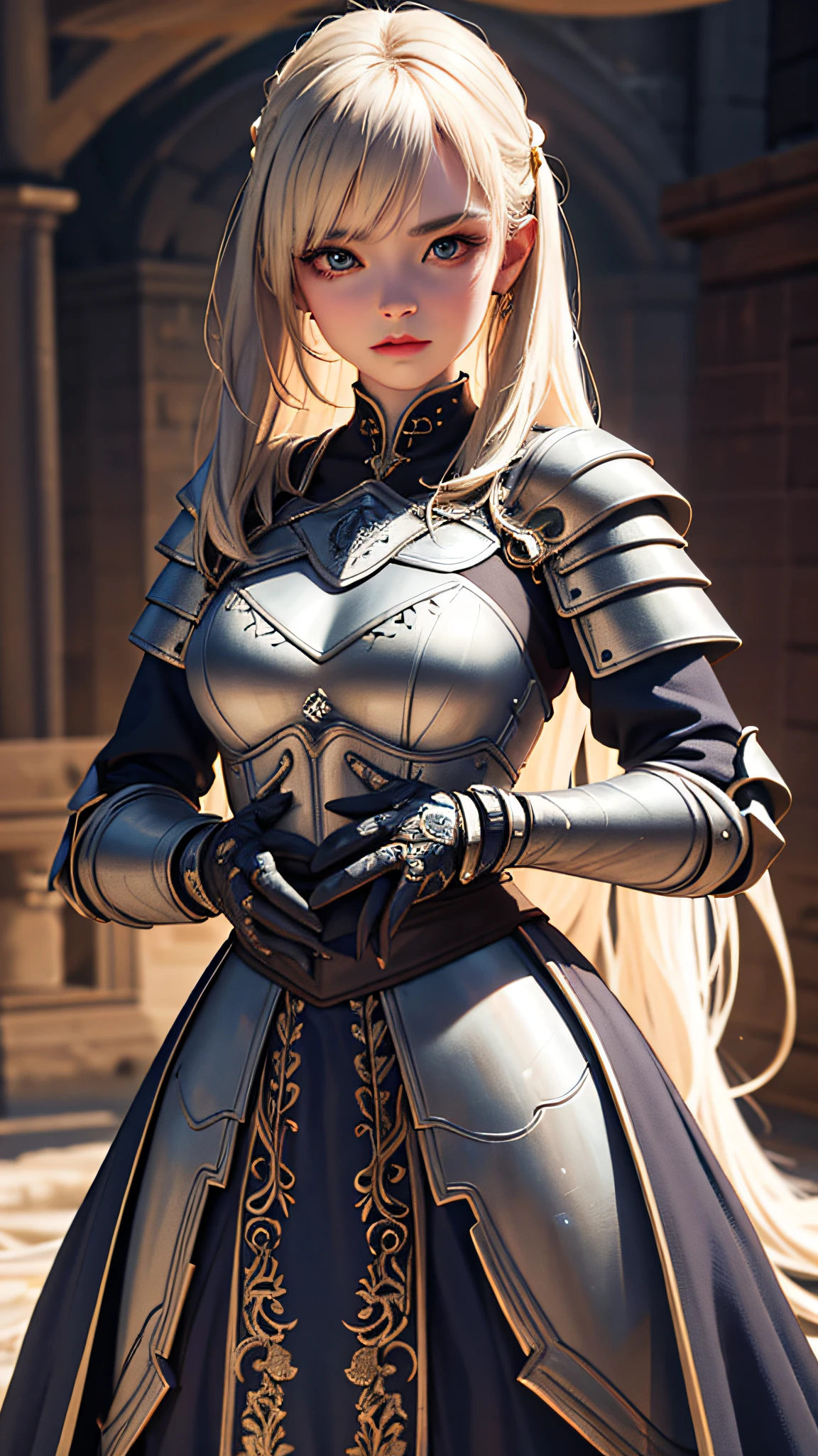 1girl, masterpiece, best quality, 8k, detailed skin texture, detailed cloth texture, beautiful detailed face, intricate details, ultra detailed, 3D character, Medieval Knight, full-length body