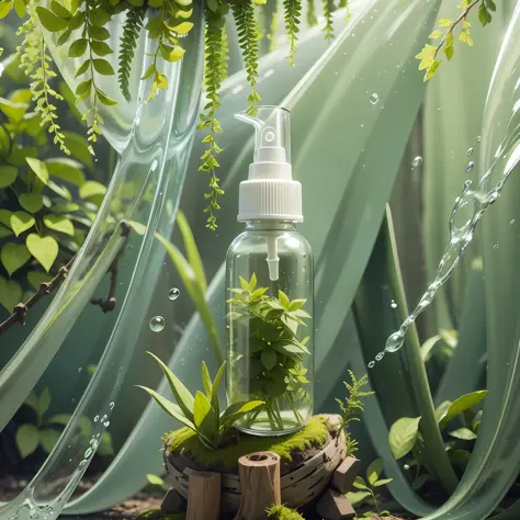 close-up of a bottle of spray sitting on a mossy surface, real shot, professional product shooting, skin care brand photo, professional product photo, close-up product photo, miniature product photo, professional product photography, official product photo...