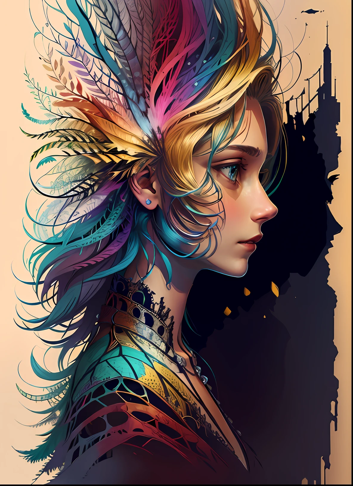 A close up of a woman with colorful hair and a bird on her head - SeaArt AI