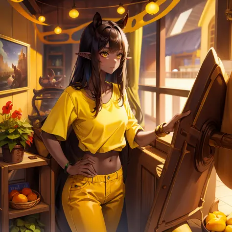 hobgoblin, (monster girl), yellow skin, pointy ears, a tapir-like nose, yellow shirt, chocolate-brown pants, masterpiece, best q...