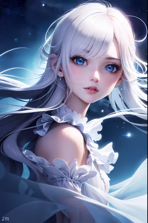 Masterpiece, (Best Quality: 1.2), (Super Fine: 1.2), Illustration, (Extremely Delicate and Beautiful: 1.2), Film Angle, Floating, (Beautiful Detail Eye: 1.1), (Detail Light: 1.1), Film Lights, Delicate Sky, Woman, White Hair, Blue Eyes, (High Ponytail: 1.1...