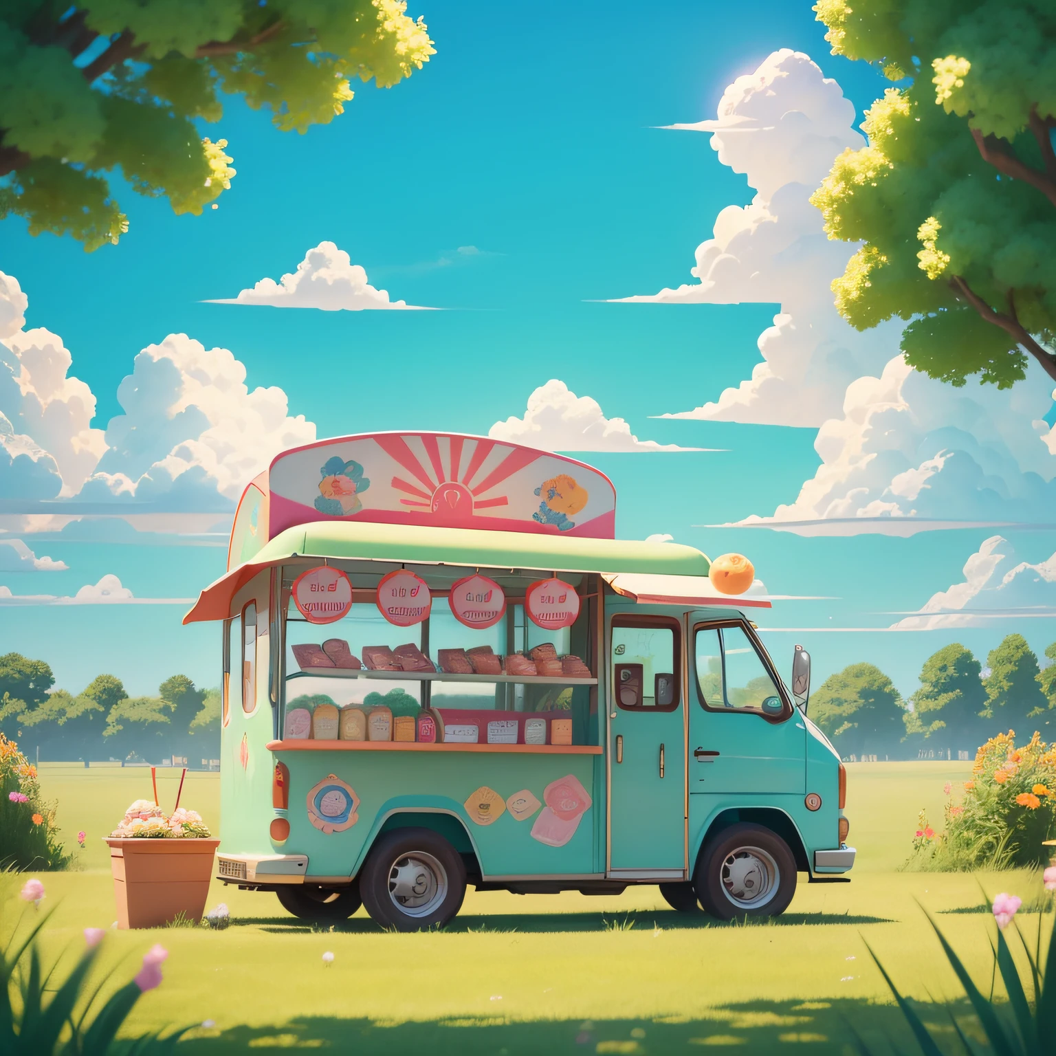 Anime scene of Xiaoice ice cream mobile car on the meadows of the green ...