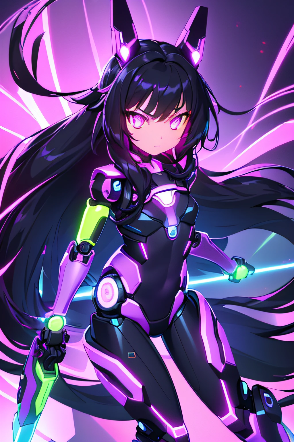 (sfw), intricate details, (bright neon colors), detailed background, night, 1girl, (petite, (cute face, bright glowing purple eyes), (human torso, petite perky breasts, robotic limbs), (black hair, absurdly long hair, hair blowing in the wind)), sleek detailed impossible bodysuit, cybernetic headset, sneaking, dynamic angle