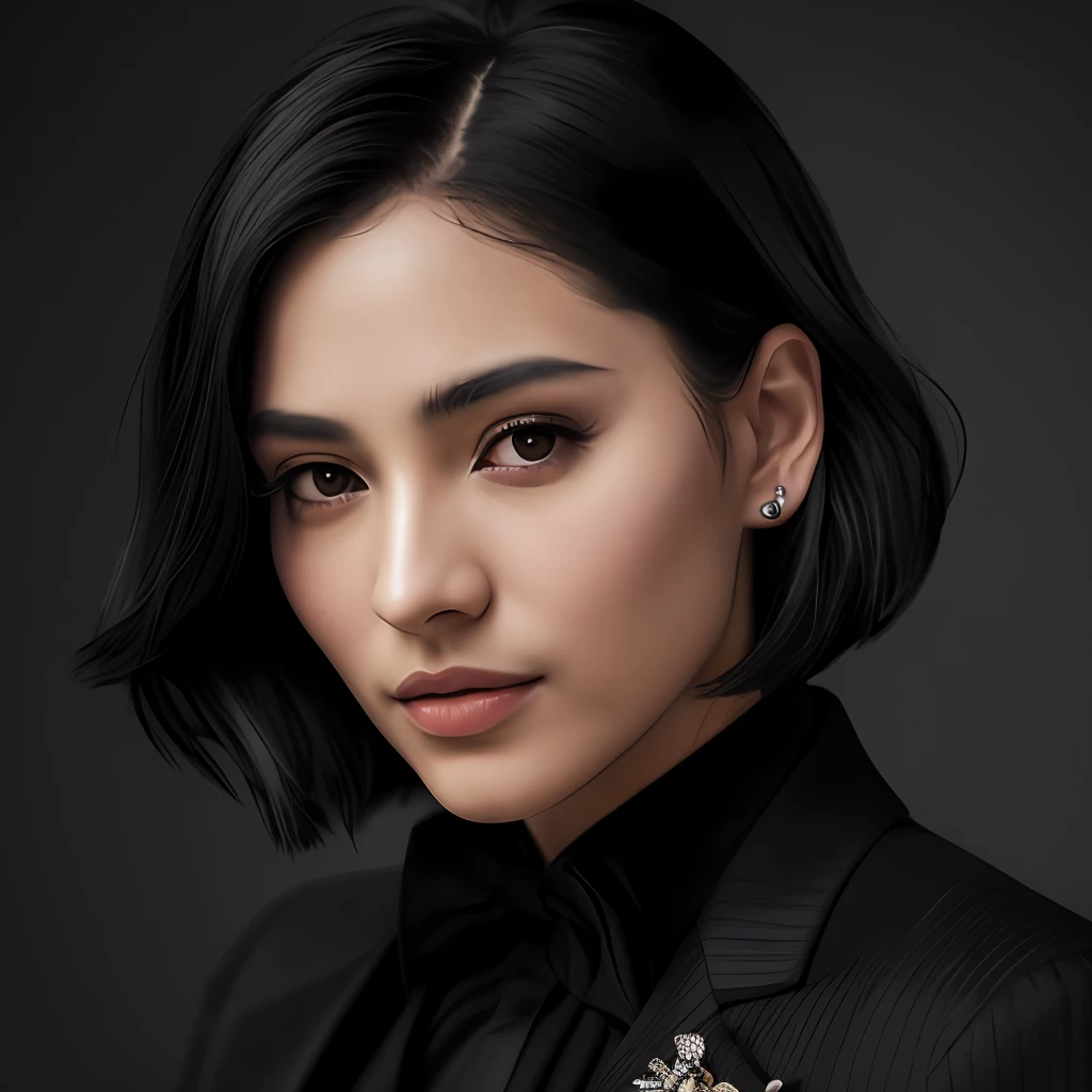 photo of a black-haired woman in an elegant suit, wide frame photo, photo shoot style, exquisite, detailed, dramatic, elite, real world, (hard focus, 8 k), (((natural skin texture))) , 8k textures, soft cinematic light, adome lightroom, photo lab, hdr, intricate, elegant, highly detailed, sharp focus, (((cinematic appearance))), soft tones, crazy details,  high detail, low contrast, soft cinematic light, opaque colors, display mix, HDR, fade, 35 mm, f/1.4, ISO64, f16, 25 sec.