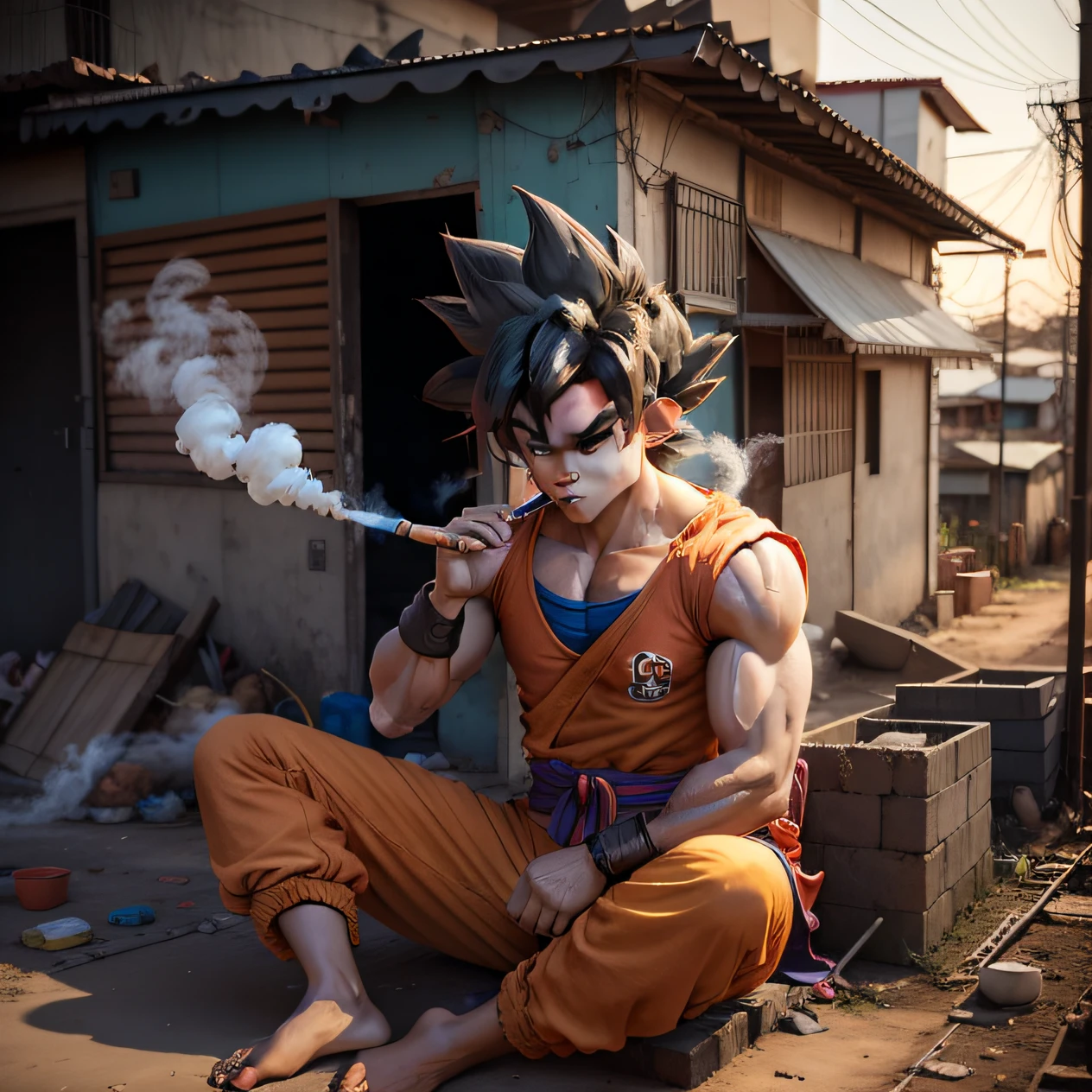 Goku, in the favela of Rosinha, smoking - SeaArt AI