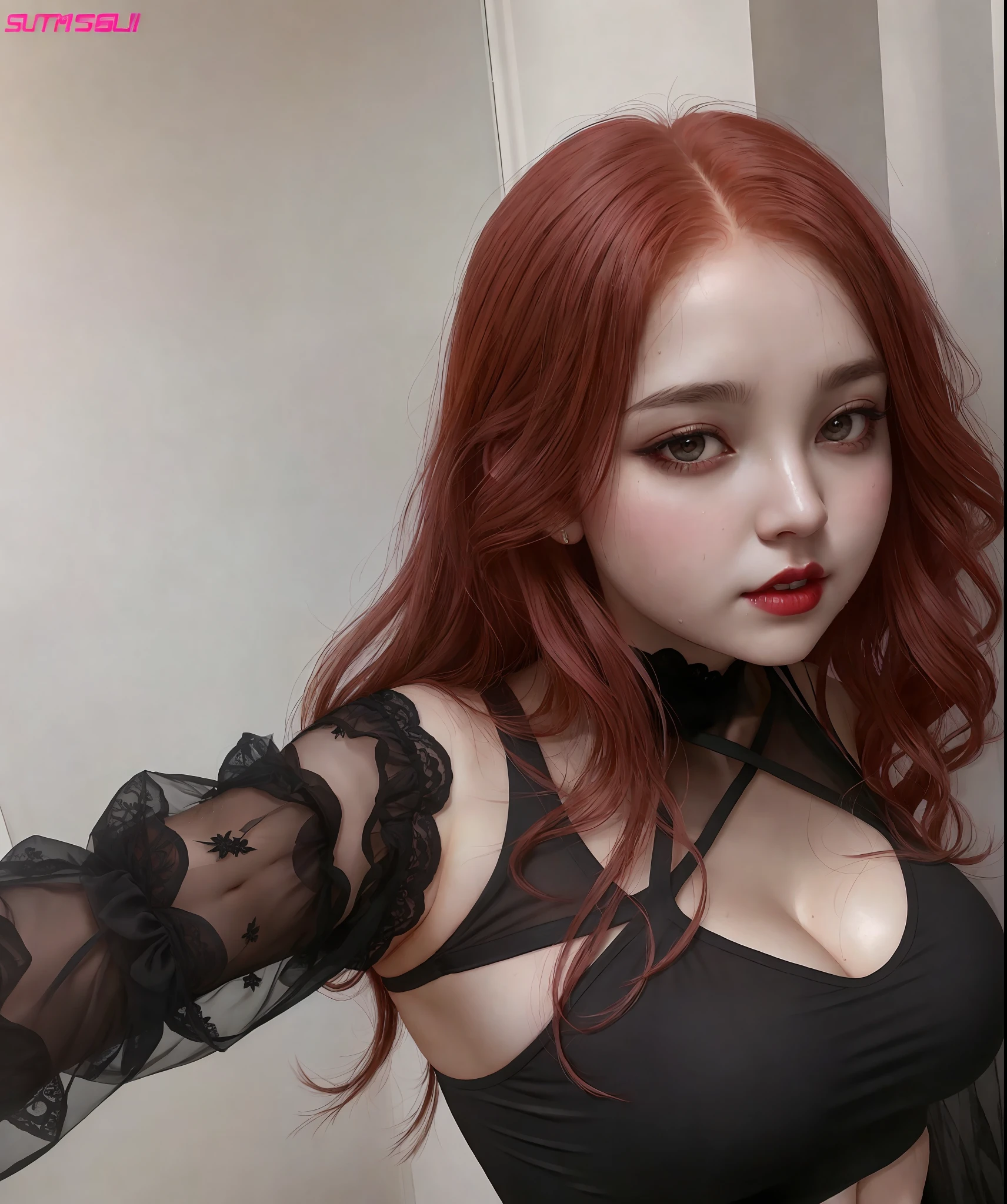 A close up of a woman with red hair wearing a black top - SeaArt AI