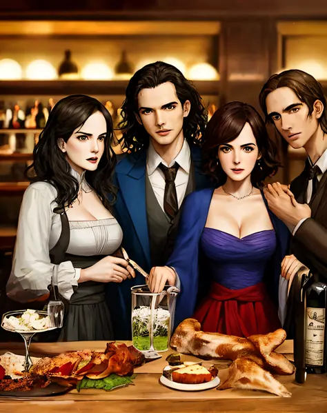 michelle dockery, jason butler harner jessica brown-findlay, harry lloyd are in the bar drinking and smiling