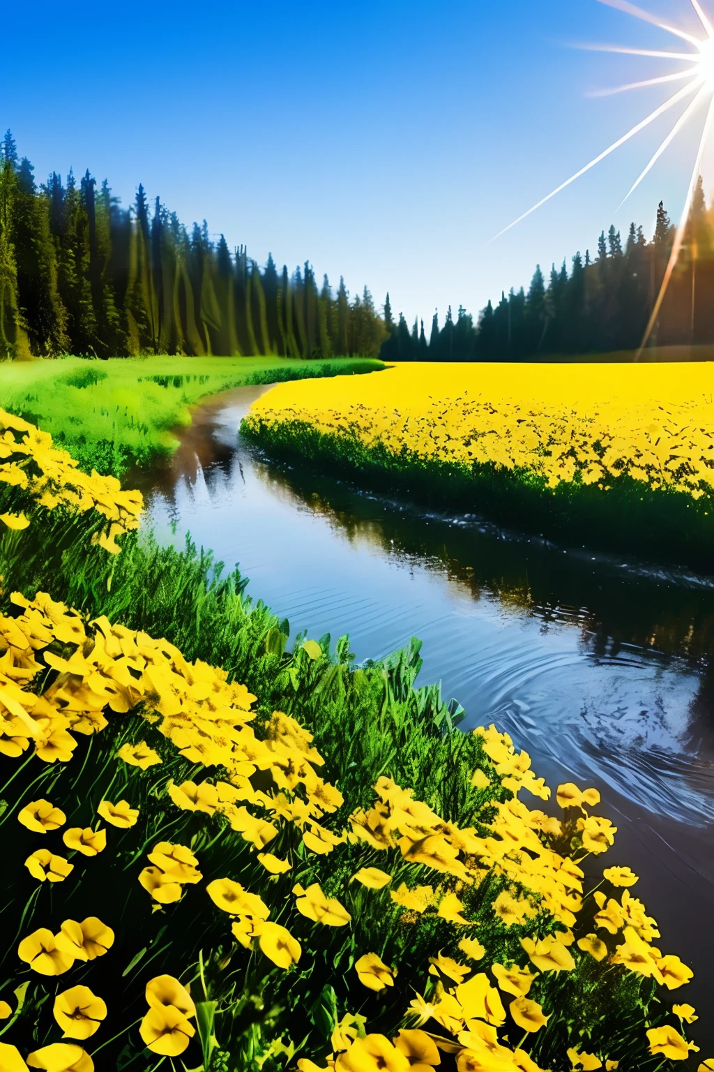 Ein wunderschönes Landschaftspixel mit Blumen, Sonnenschein, Flusswasser