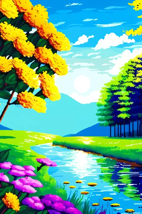 a beautiful landscape pixel with flowers, sunshine, river water