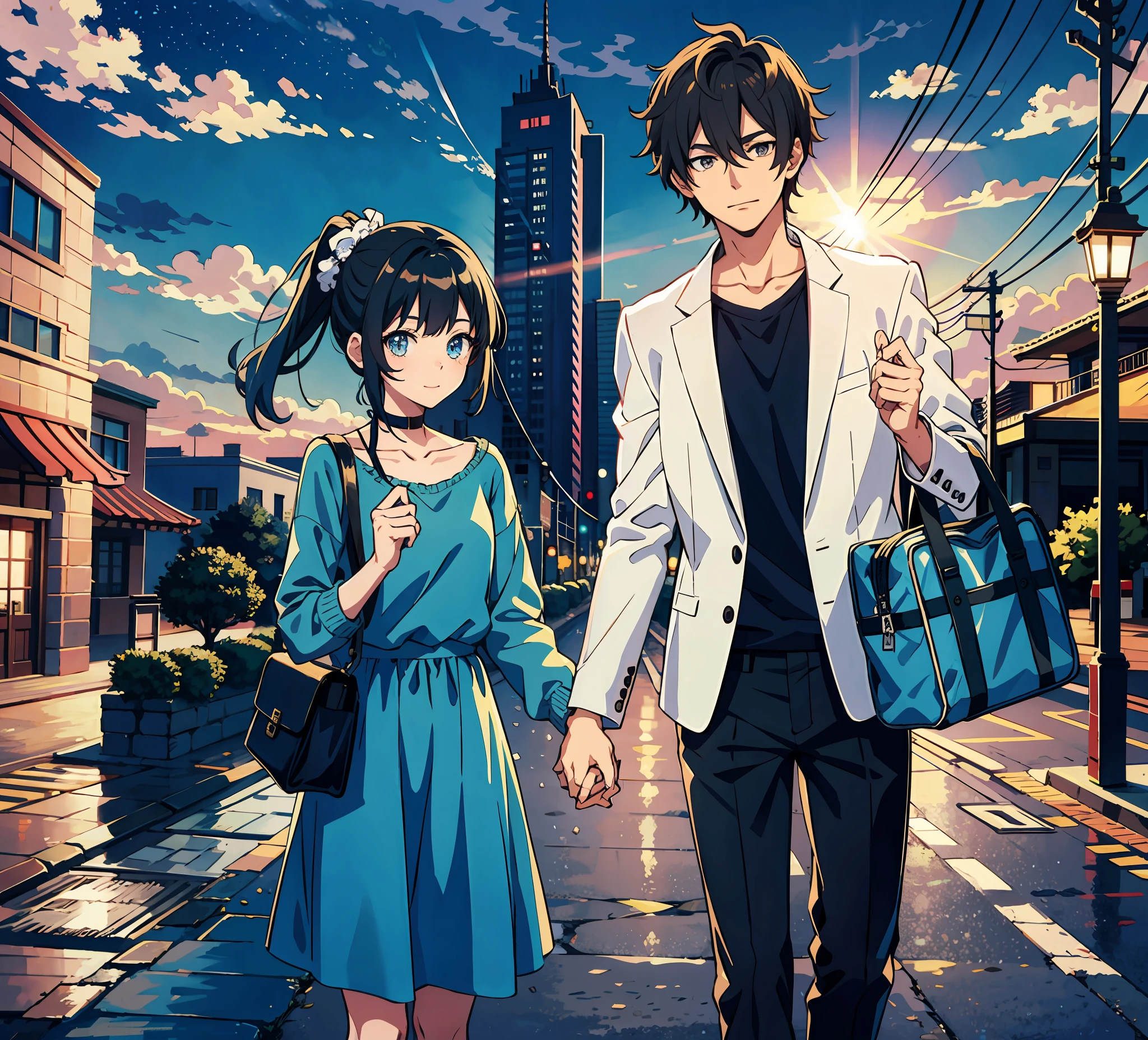 Anime characters walking down a city street holding hands - SeaArt AI