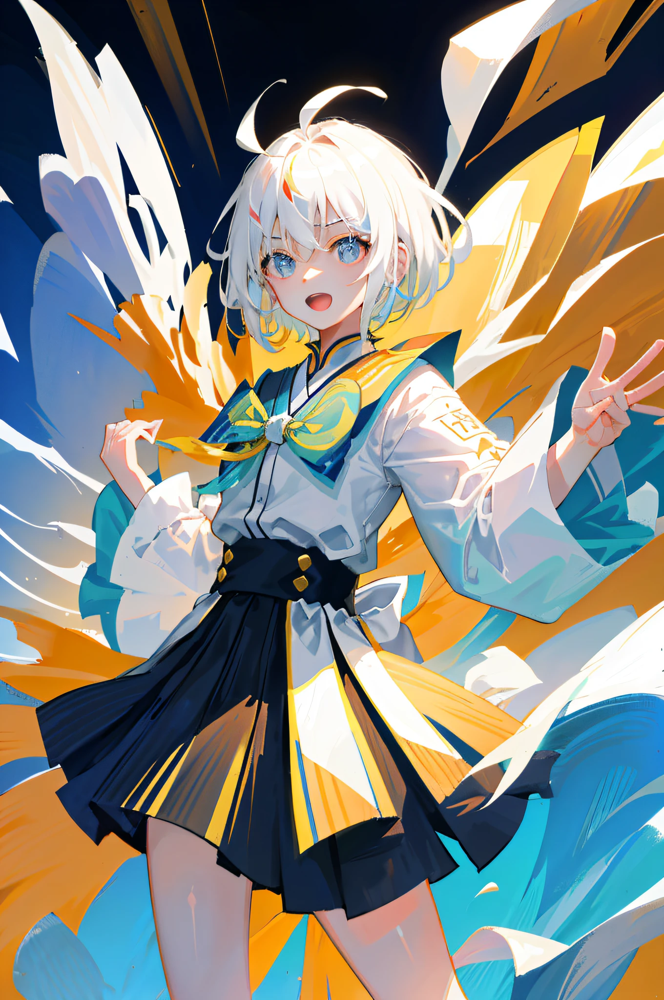 ((masterpiece, best quality)), (1girl), (solo), (female focus), (ahoge, white hair, short hair, undercut), black eyes, excited, open mouth, ((white shirt), (t -衬衫）），（牛仔短裤），森林，蓝天，跑步，湿衬衫，