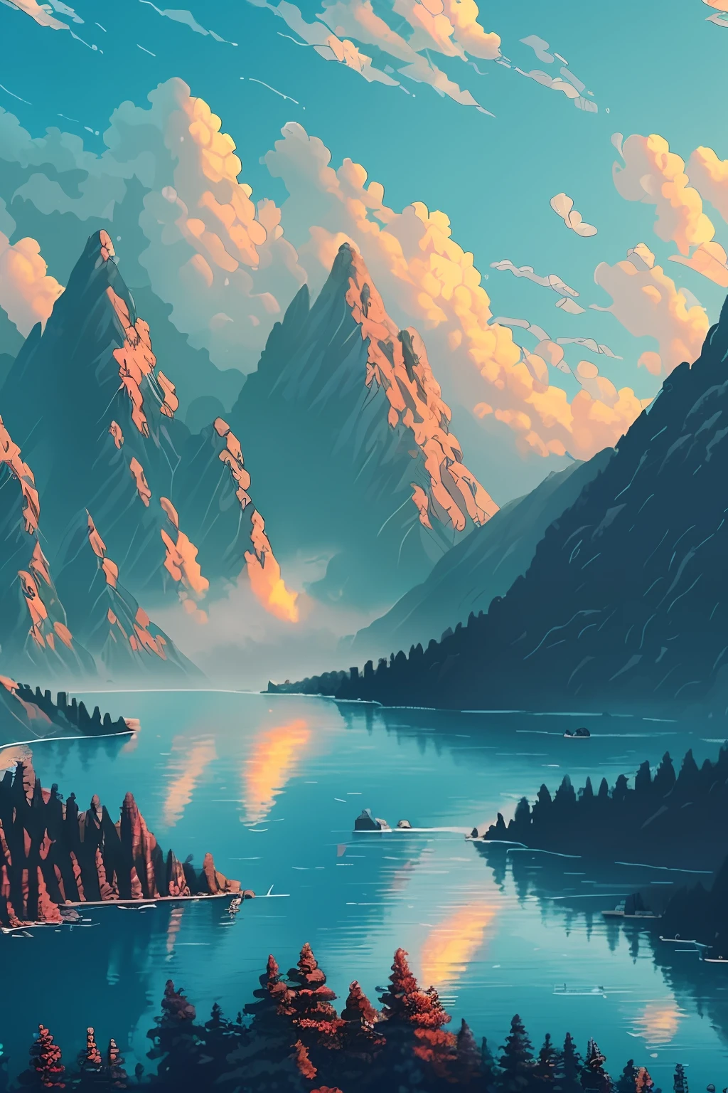 A beautiful pixel, best quality, high quality, extremely detailed CG unity 8k wallpaper, landscape, outdoor, sky, clouds, sky, no humans, mountains, landscape, water, trees, blue sky, waterfall, cliff, nature, lake, river, cloudy sky, award winning photography, background blur
