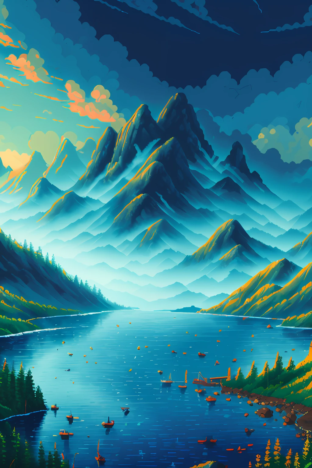 A beautiful pixel, best quality, high quality, extremely detailed CG unity 8k wallpaper, landscape, outdoor, sky, clouds, sky, no humans, mountains, landscape, water, trees, blue sky, waterfall, cliff, nature, lake, river, cloudy sky, award winning photography, background blur