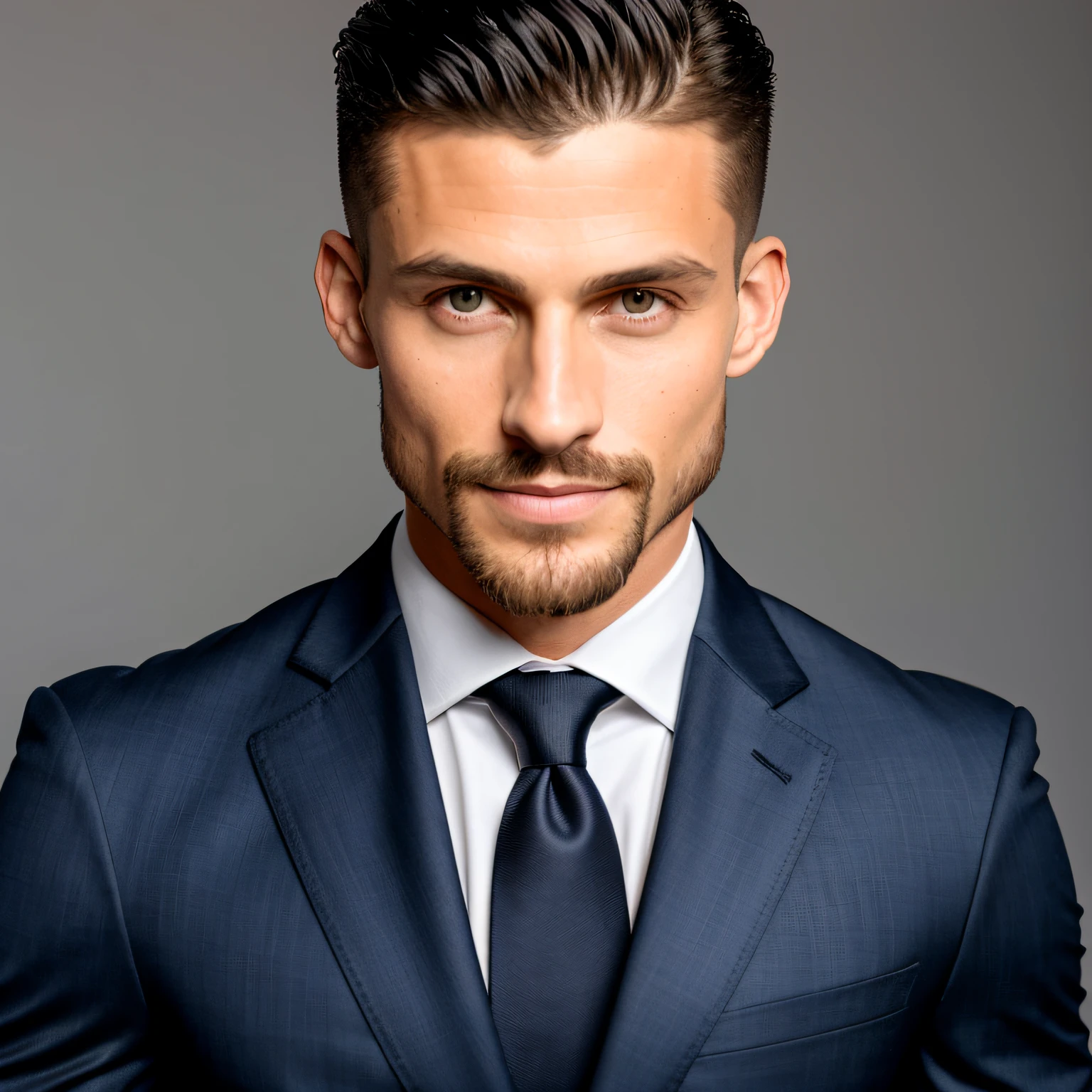 charlzcjm, headshot, (jacked charlzcjm, bright hazel green eyes), (curly low fade haircut:1.14), (sunburned skin, 5 o'clock shadow) ((smirking, buff)), detailed face, detailed iris, full lips, ((cute, wearing a modern luxury dark navy blue suit, pocket handkerchief, buff, wavy low fade haircut)), ((grey background, symmetrical facial features)), intricate details, studio lighting, 80mm, portrait, shallow depth of field, CEO, smirking, happy