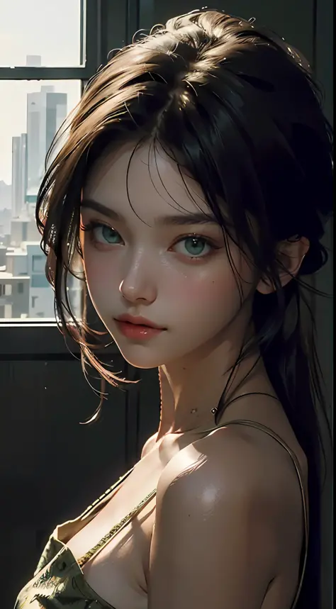 Best Quality, Masterpiece, Ultra High Resolution, (Realisticity: 1.1), Original Photo, 1Girl, Green Eyes, Bare Shoulders, Cinematic Lighting, Bright Room, Modern Architecture, Nice Background,