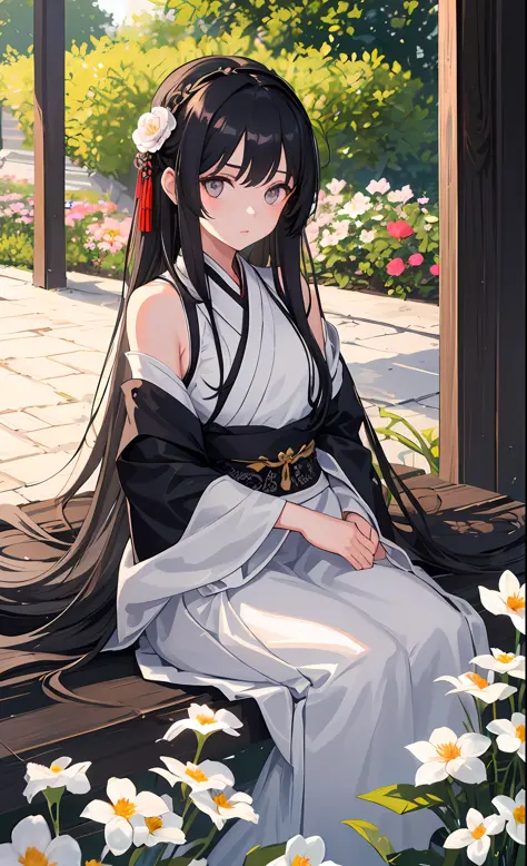(little girl: 1.5), lace, ribbon, Hanfu, (masterpiece, side light, delicate and beautiful gray eyes: 1.2), masterpiece, realistic, glowing eyes, shiny hair, black hair, long hair, shiny skin, solo, awkward, tube top, delicate, beautiful, garden, flowers, f...