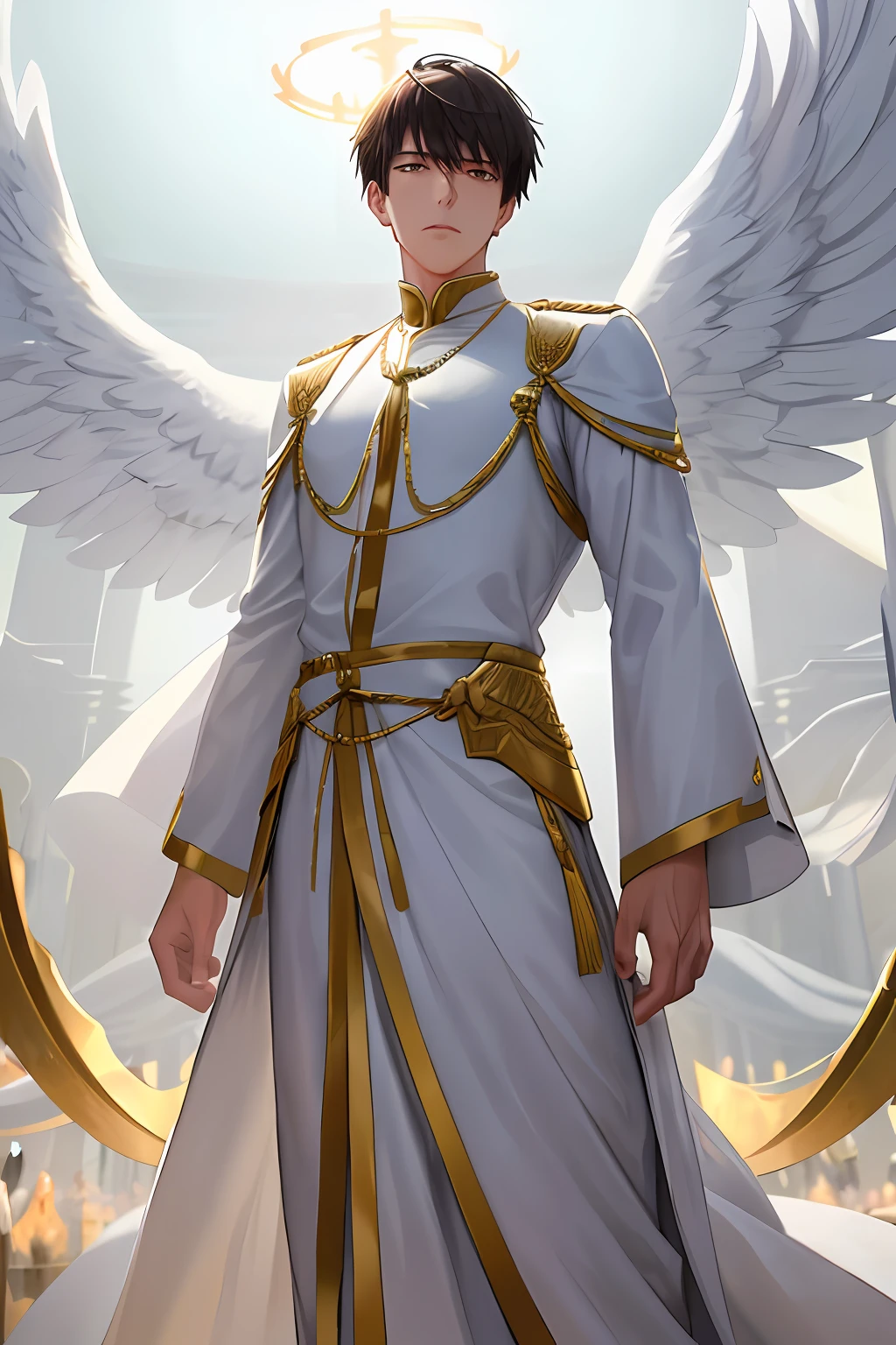 A young man, white mid-sleeved clothing, a pair of golden eyes, behind him is a 10-foot-tall eight-winged angel, 8 huge wings as bright as gold wire, and his body exudes powerful glory. Many knelt on the ground. The scene is in the Wuhun Temple Square. 8k, detail, ray tracing, depth of field, cinematic lighting,