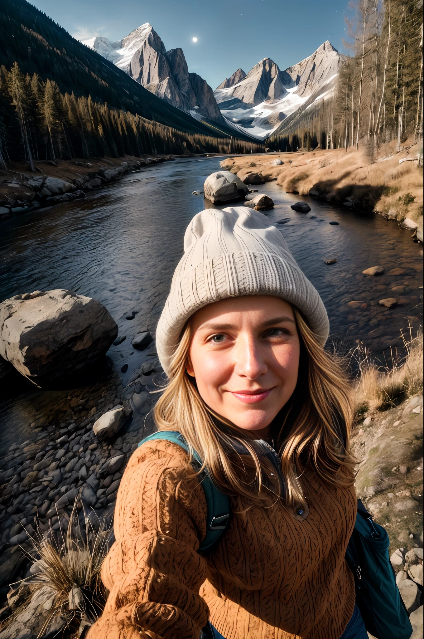 1 woman((upper body selfie, happy)), masterpiece, best quality, ultra-detailed, solo, outdoors, (night), mountains, nature, (stars, moon) cheerful, happy, backpack, sleeping bag, camping stove, water bottle, mountain boots, gloves, sweater, hat, flashlight, forest, rocks, river, wood, smoke, shadows, contrast, clear sky, analog style (look at viewer:1.2) (skin texture) (film grain:1.3), (warm hue, warm tone)
:1.2), close up, cinematic light, sidelighting, ultra high res, best shadow, RAW, upper body, old man, wearing pullover