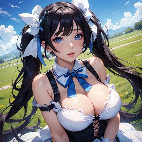 mksks style, masterpiece, best quality, long eyelashes, eyeliner, eyeshadow, mascara, colorful, pink lips, deep skin, looking at viewer, upper body, curvy, hestia (danmachi), 1girl, breasts, solo, long hair, blue ribbon, twintails, gloves, ribbon, dress, r...